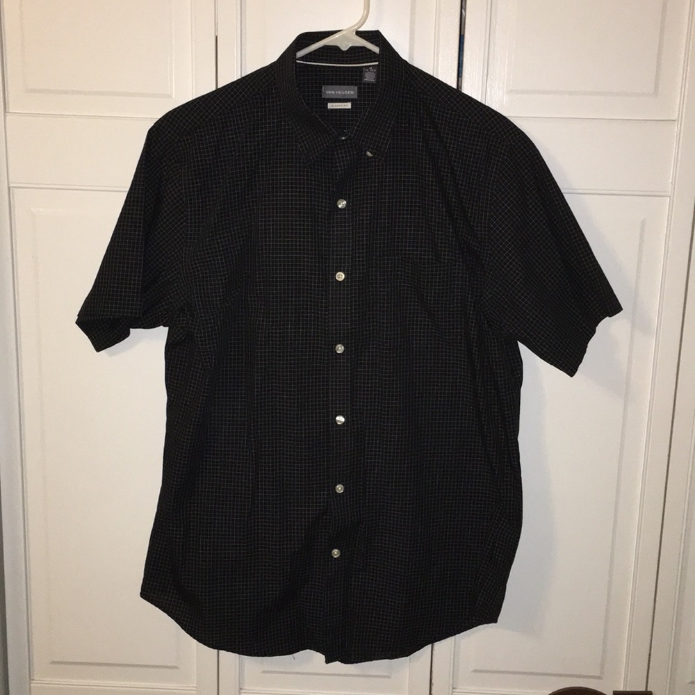 Casual black button down with thin white stripes